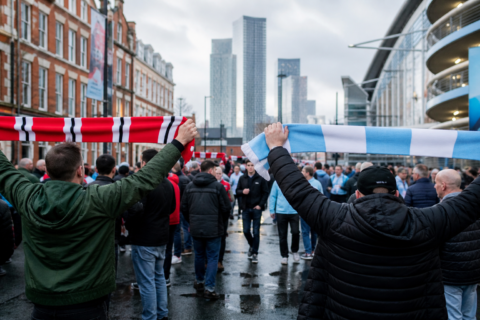 Red and blue scarves showing Manchester derby rivalry atmosphere in the city
