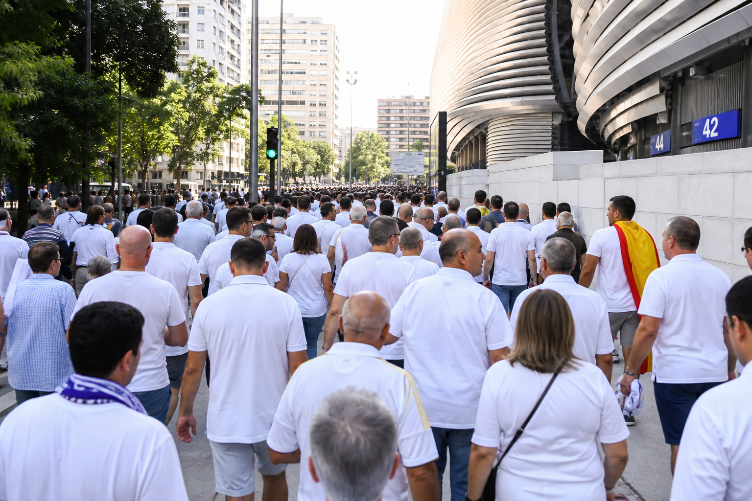 Travelling fans approaching the Bernabéu before kick-off in Madrid
