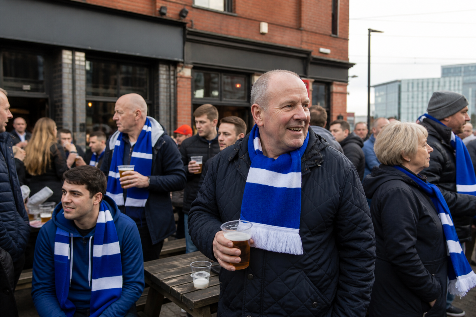 Travelling fans on Merseyside for an Everton Premier League football trip