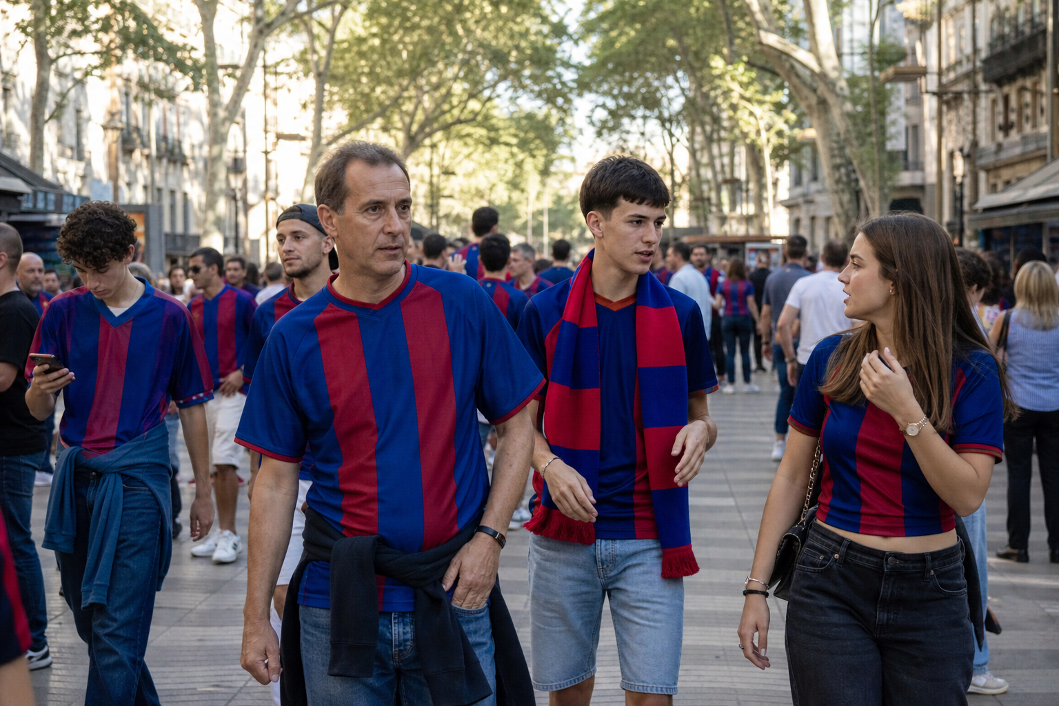FC Barcelona fans in blaugrana colours gathering near the stadium on match day