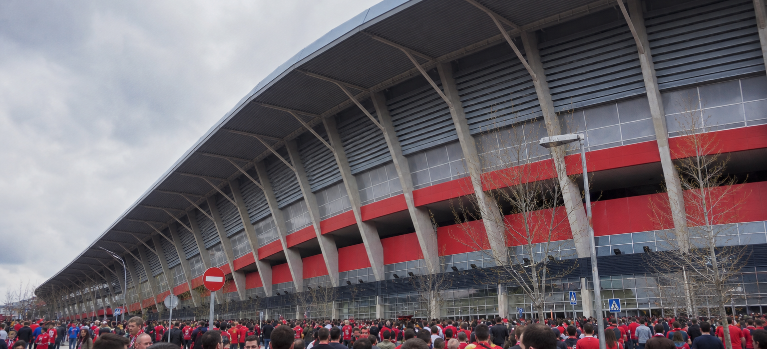 El Sadar stadium exterior on Osasuna match day in Pamplona
