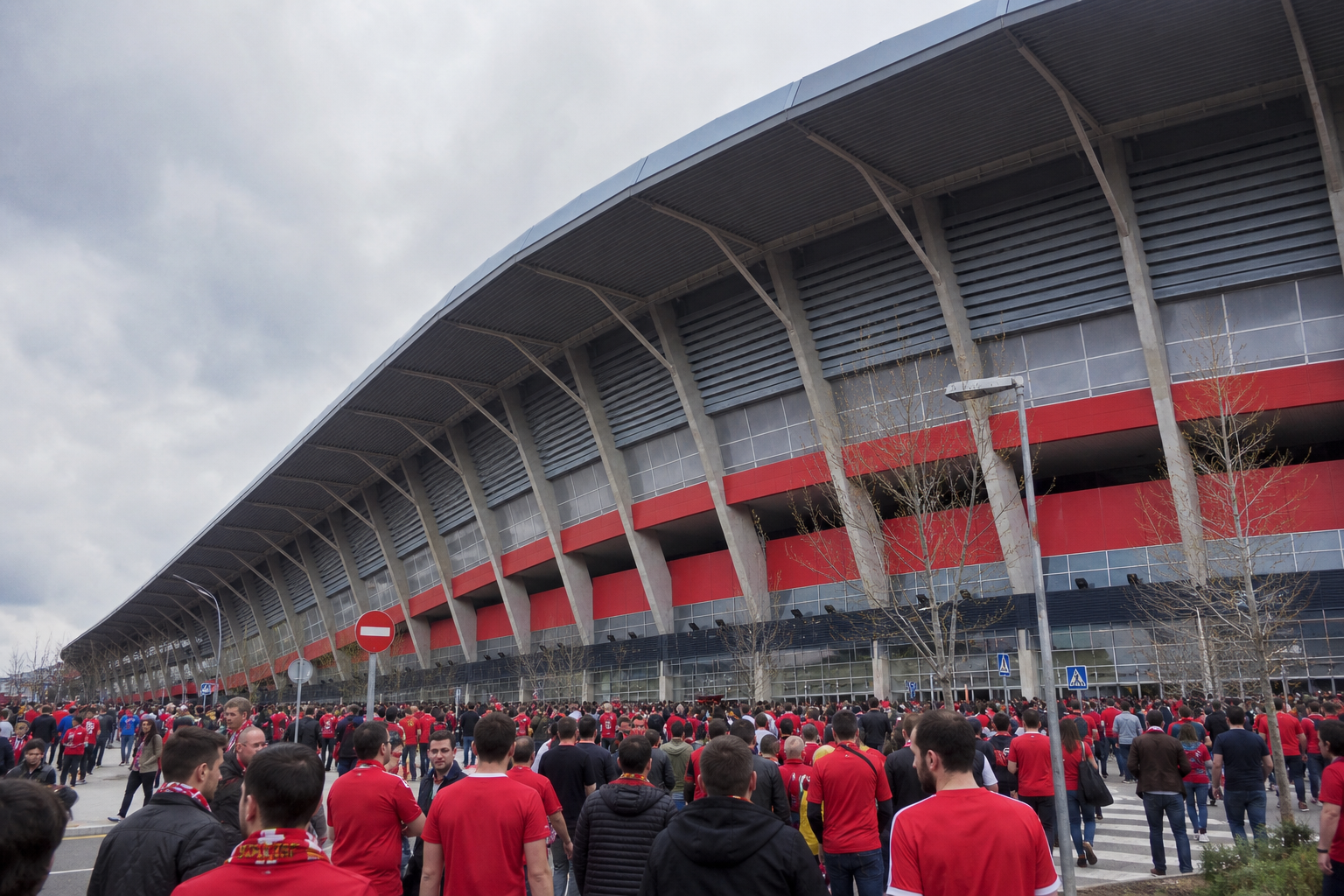 El Sadar stadium exterior on Osasuna match day in Pamplona
