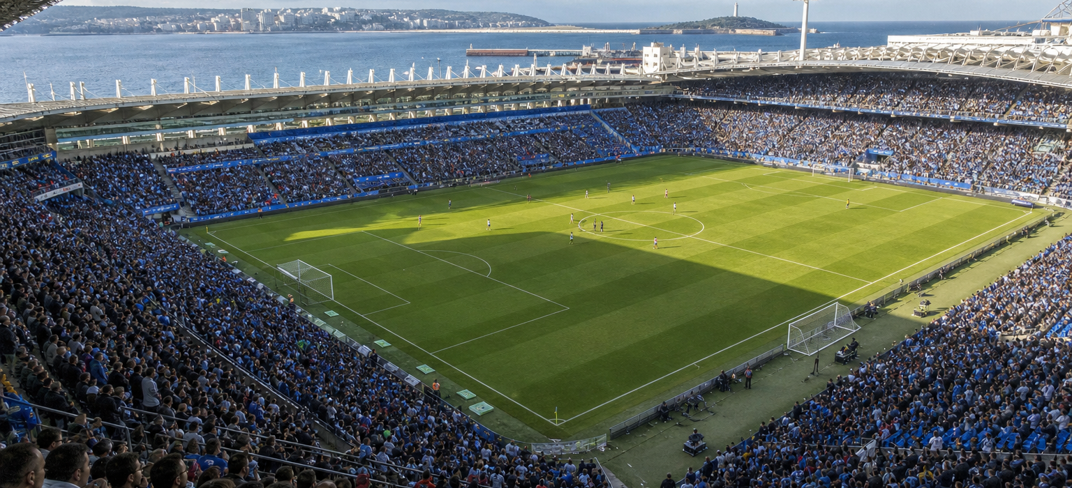 Abanca-Riazor stadium exterior on Deportivo A Coruña match day in Galicia