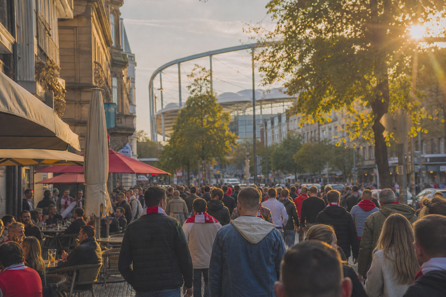 VfB fans in red-white colours gathering near MHPArena on match day