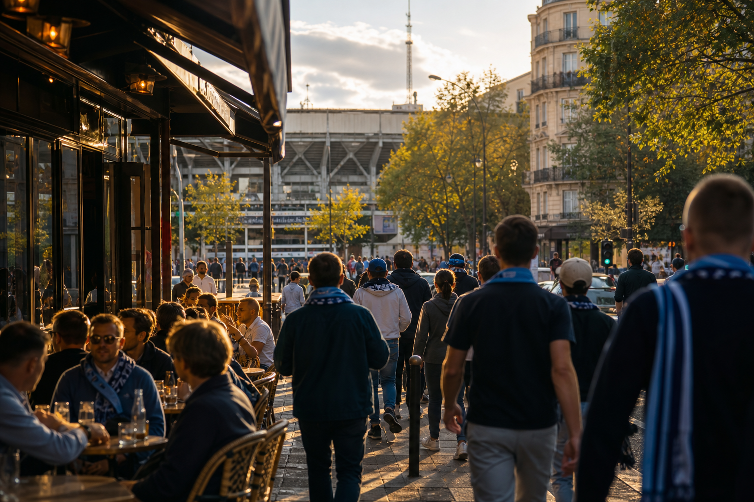 Paris FC fans gathering near Stade Jean-Bouin on Ligue 1 match day