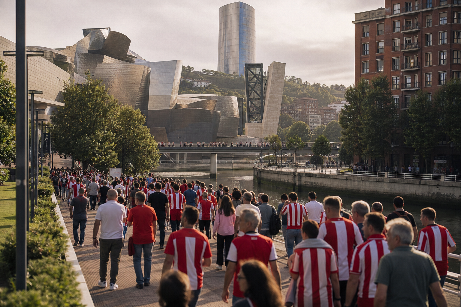 Athletic Bilbao supporters walking toward San Mamés on match day
